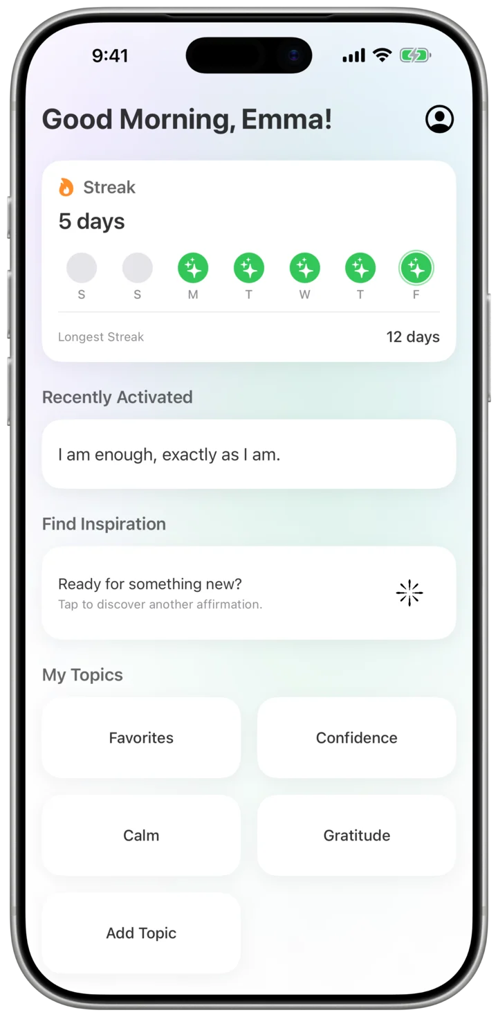 Miretta home screen with streak and affirmation topics