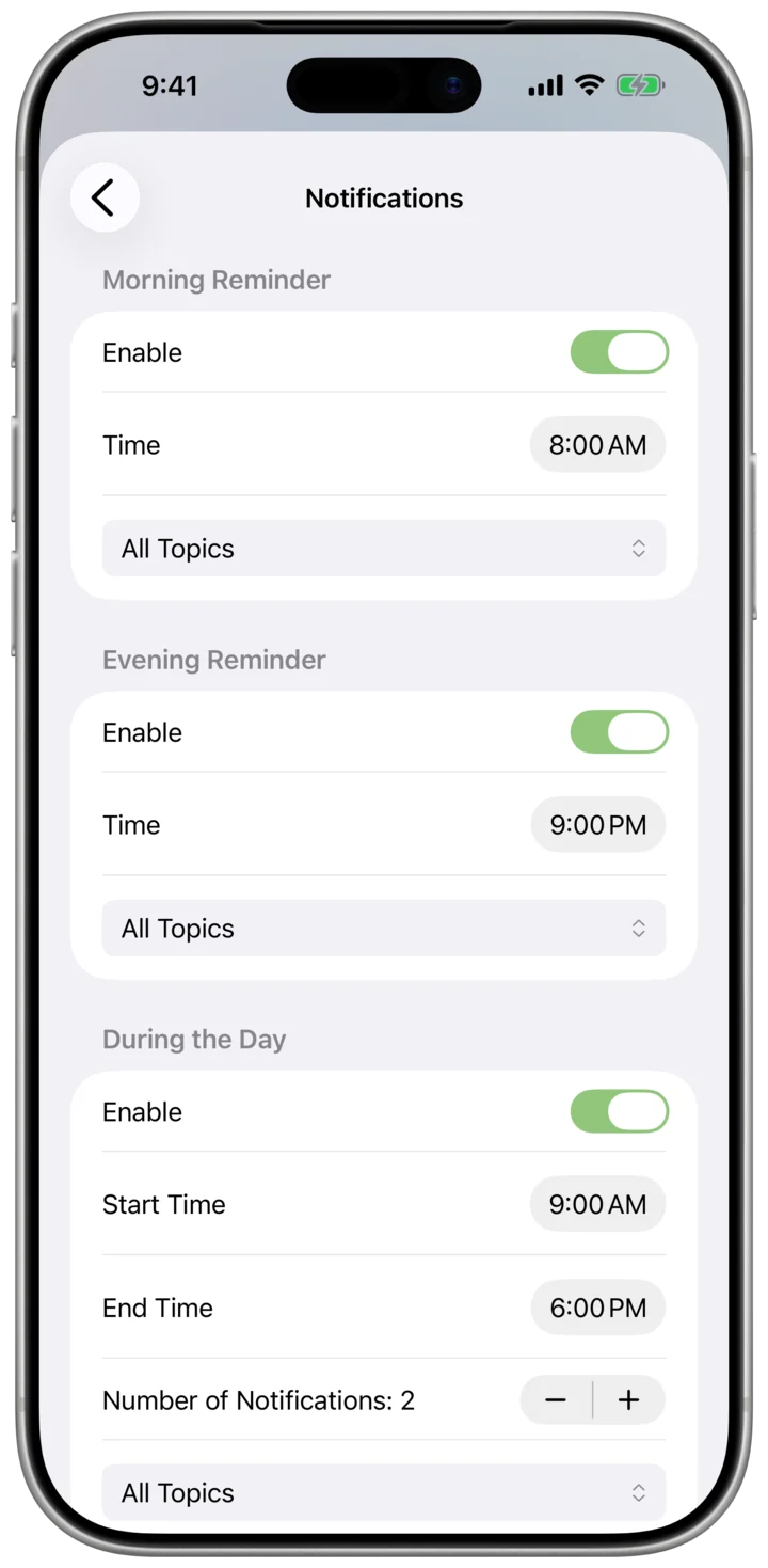 Miretta notification settings for morning, daytime and evening reminders