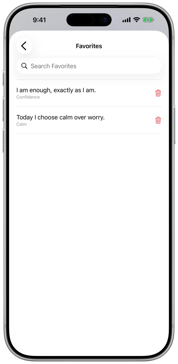 Saved affirmation favorites in Miretta